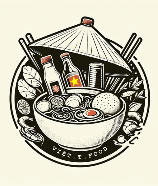 This is an enlarged version of the VIỆT.T.FOOD logo, positioned on the right side of the page. The logo incorporates various Vietnamese elements, including a food bowl, a traditional Vietnamese hat, and a flag on the bottle. 