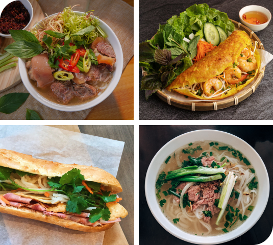 4 images of vietnamese tradition food in one frame. Including Bún bò Huế (Beef Noodles from Huế), Bánh Xèo (Crispy Vietnamese Pancakes) on the first row of the frame, Phở (Beef Noodle soup) and Bánh mì (Sticky Pork Belly Baguette) on the second row